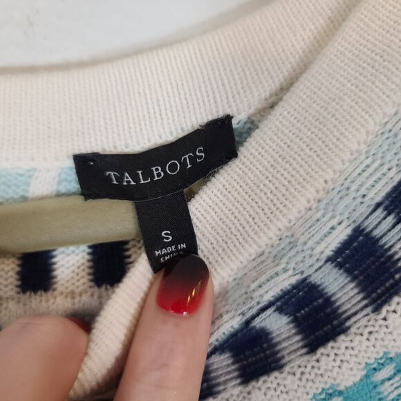 Talbots‎ Rib Yoke Crewneck Pullover Sweater Blue Cream Cotton Blend Small - Picture 5 of 9